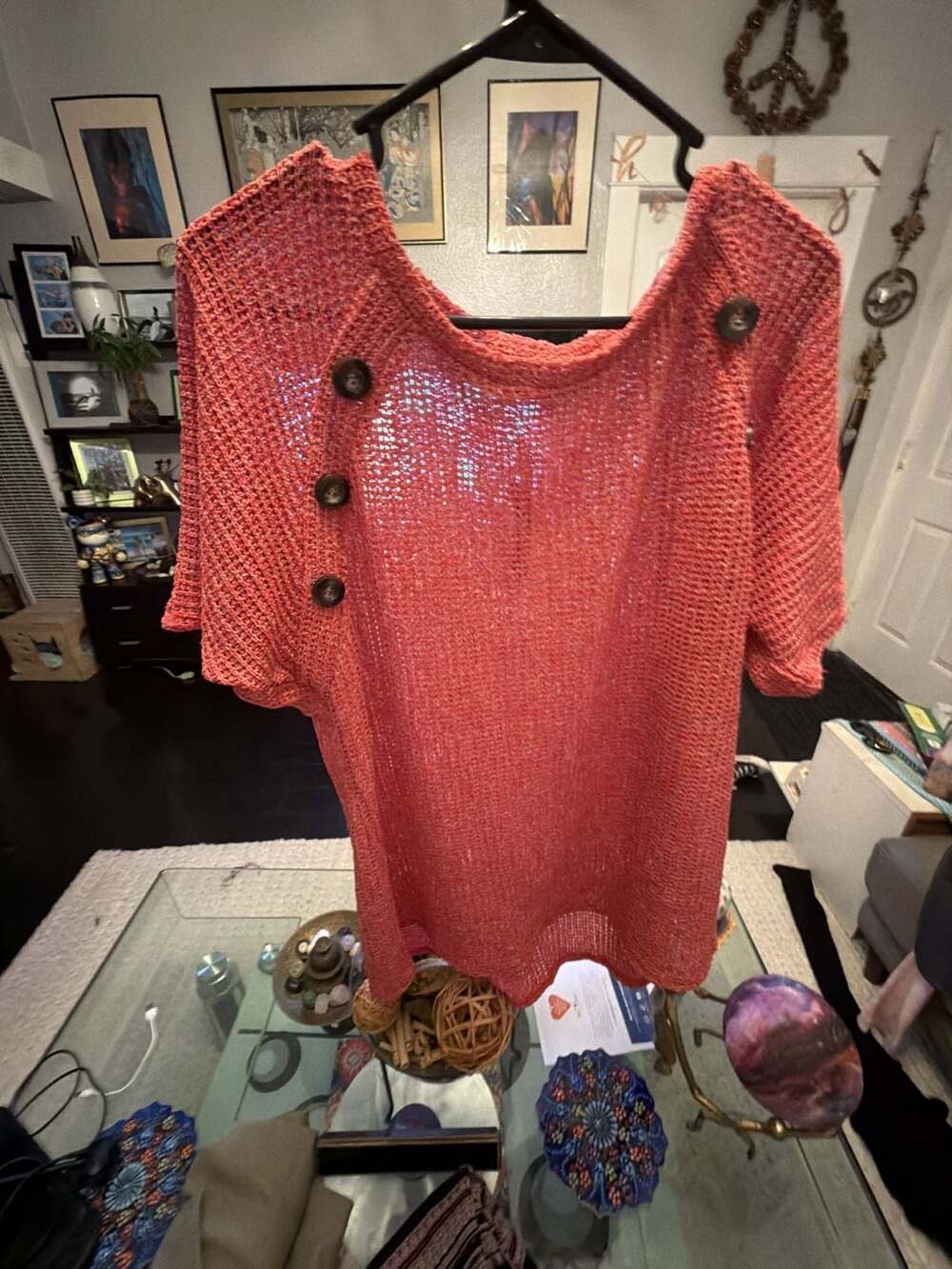 Avenue Open Knit Button Front Short Sleeve Sweater Size 14/16 Red
